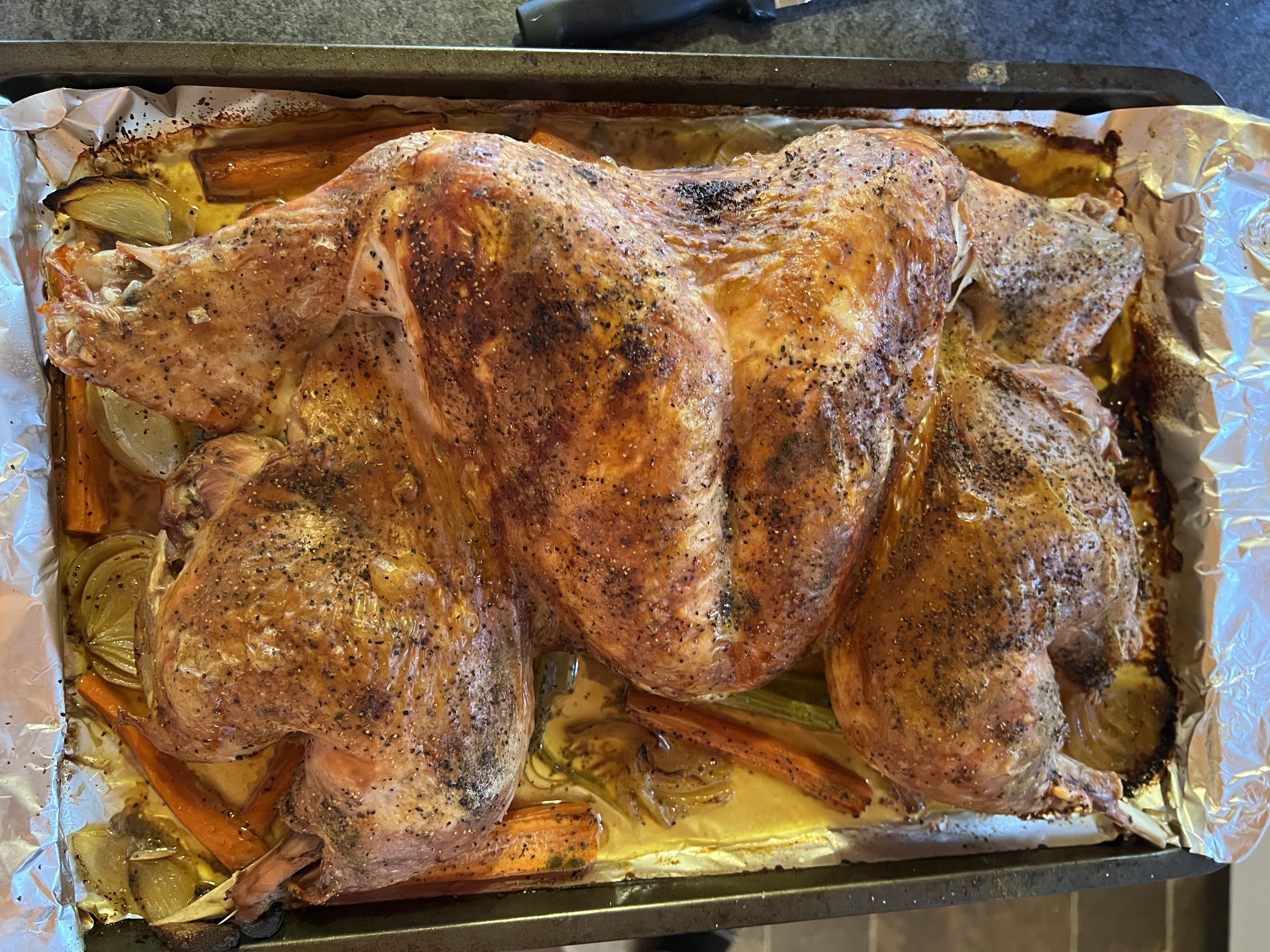 roasted spatchcocked turkey over vegetables